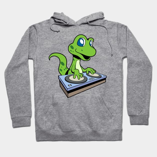 Cartoon Gecko DJ at Turntable Hoodie by Modern Medieval Design